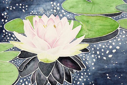Pink lotus flower in sparkling water (watercolor painting flowers plants yoga buddhism pond)