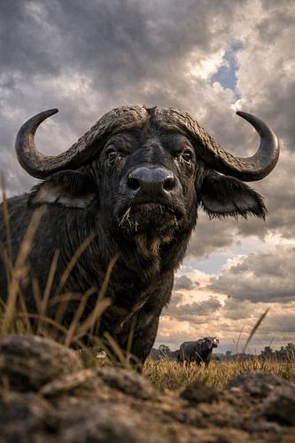 De onverzettelijke wachter van de savanne – een majestueuze Afrikaanse buffel die standvastig onder een dramatische wolkenlucht waakt over zijn territorium