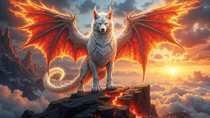 Fantasy Art Wandbild: PTEROLYKOS – Der geflügelte weiße Wolf bei Sonnenuntergang