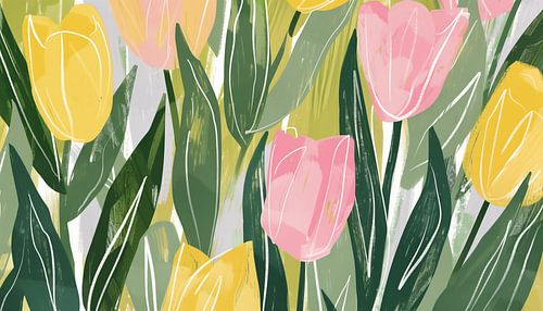 Abstract tulips green panorama hand-drawn