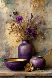 Fleurs violettes - Nature morte onirique avec des touches dorées sur Jorali Beaux-Arts