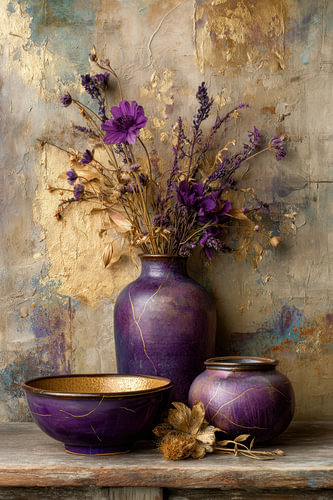 Purple Flowers – A Dreamy Still Life with Gold