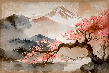 Cerisiers japonais en fleurs au Mont Fuji - Paysage zen à l'aquarelle