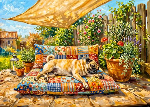 Verspielte Illustration eines Hundes auf einer Sommerterrasse