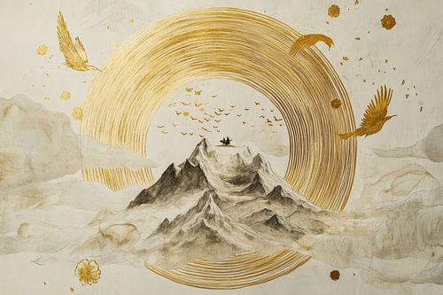 Elegantie van bergen in gouden lijnen en rijstpapier
