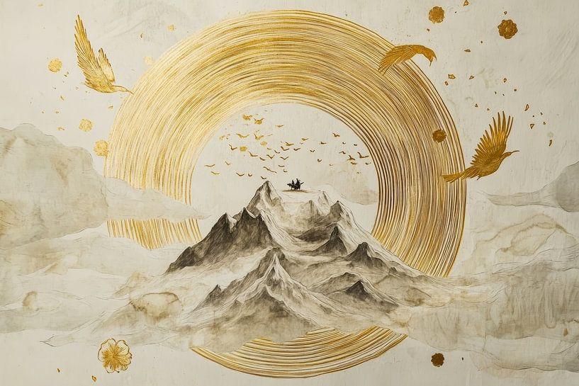 Elegance of mountains in golden lines and rice paper by Digitale Schilderijen