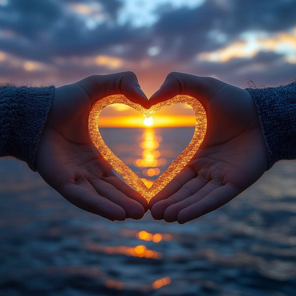 hands shaping a heart around a soft, warm sunset on the horizon by de-nue-pic
