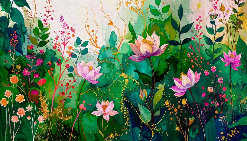 Modern illustratie schilderij van een bloementuin van Studio Pieternel