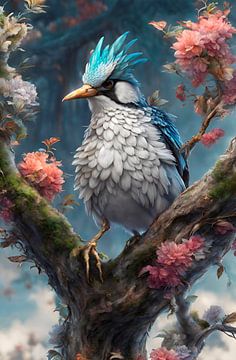 Blue Melody - Fantasie Vogel omringd door Bloesems van Igniferae