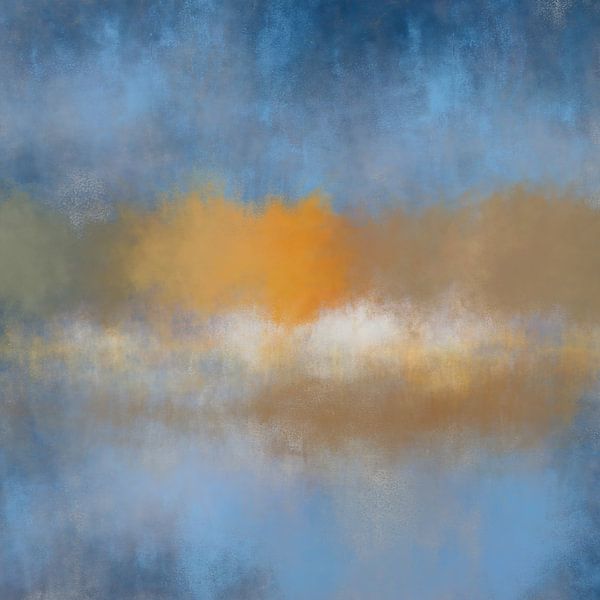 Bunte abstrakte minimalistische Landschaft in Pastellfarben. Gelb, blau, beige, weiß von Dina Dankers
