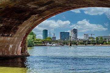 Oude brug met skyline van Frankfurt van Thomas Riess