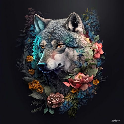 loup avec des fleurs