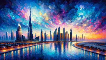 Dubai's zee van lichtjes bij zonsondergang van artefacti