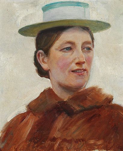 Michael Ancher – Porträt von Anna Ancher mit grün gestreiftem Strohhut