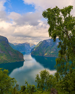 Blick auf den Aurlandsfjord, Vestland, Norwegen