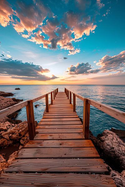 Holzsteg bei Sonnenuntergang, beruhigender Blick aufs Meer von Art & Soul Creations