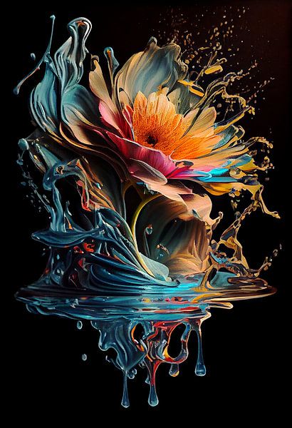Flower caught in water with acrylic paint and floetrol by Harry Stok