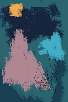 Moderne abstracte kunst. Vormen en lijnen in heldere kleuren. Blauw, roze, geel. van Dina Dankers