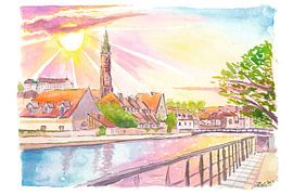 Landshut Bavaria Watercolour scene of city view with Isar river by Markus Bleichner