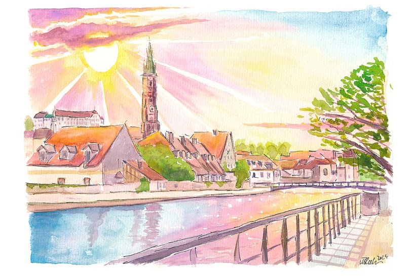 Landshut Bayern Aquarell Szene von Stadtansicht mit Isar von Markus Bleichner