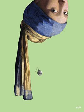 Vermeer Mädchen mit dem Perlenohrring Kopfüber – pop art hellgrün von Miauw webshop