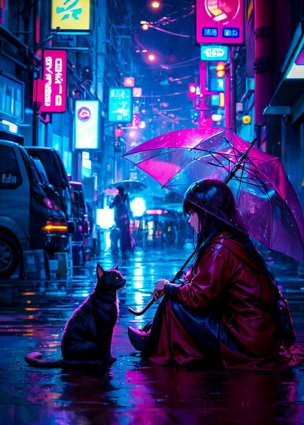 Cyberpunk Style Anime Mädchen mit Katze von Ruzerin