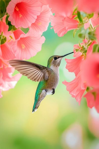 Colibri s'épanouit en fleurs roses par Poster Art Shop