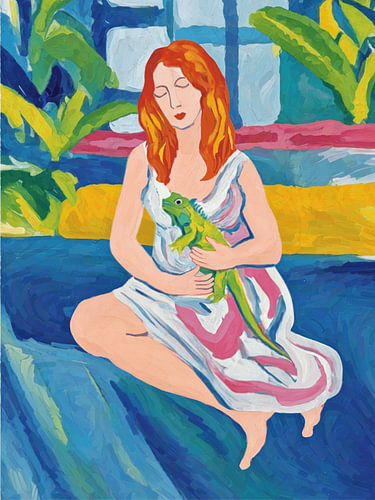 Woman with Iguana, Bold Tropical Nature Portrait Print