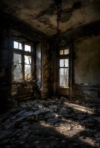 Room in Dilapidated and Abandoned Building with Two Windows.