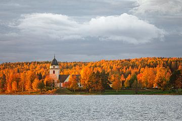 Kerkje van Rättvik omringd door herfstbos