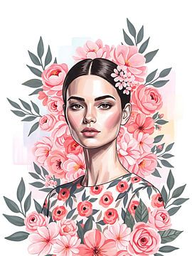 Portrait de femme entourée de fleurs épanouies