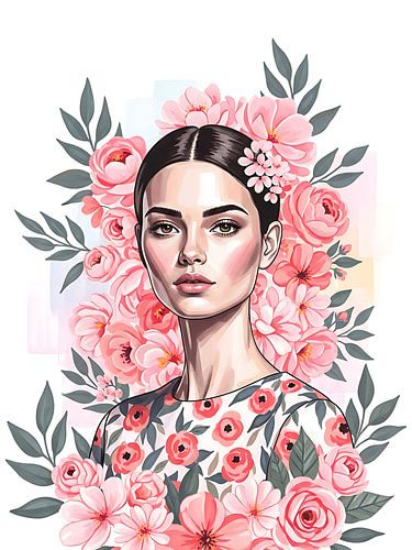 Frauenporträt umgeben von blühenden Blumen