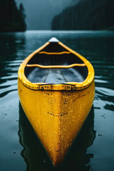 Gelbes Kanu im Regen auf einem See von Art & Soul Creations