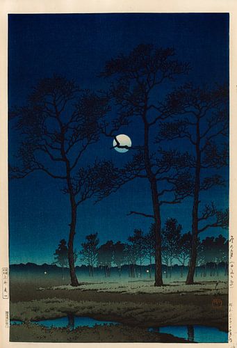 Wintermaan boven de Toyama-vlakte, Kawase Hasui