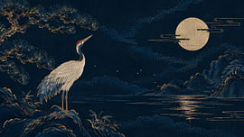 Elegant Golden Crane Beneath a Full Moon Over a Midnight Seascape by my pixel art