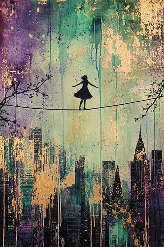 Balancerende vrouw boven stadsgezicht