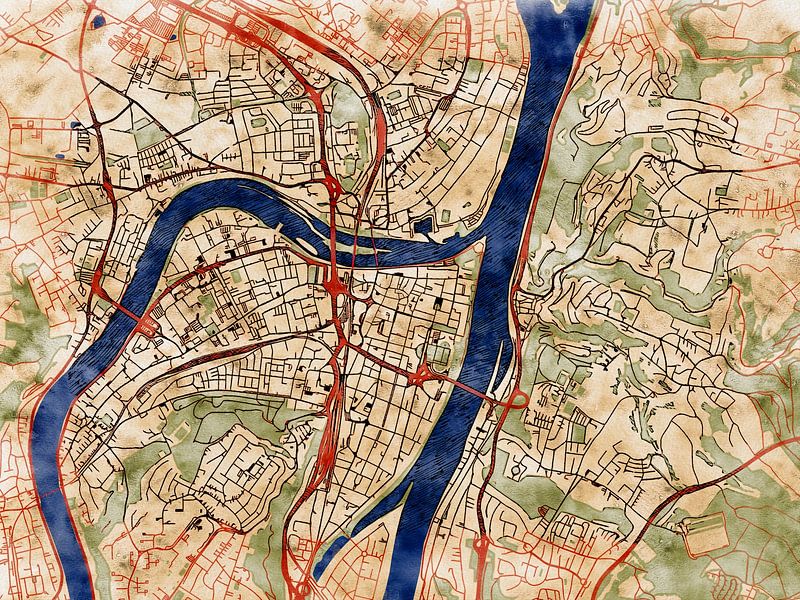 Map of Koblenz center with the style 'Serene Summer' by Maporia