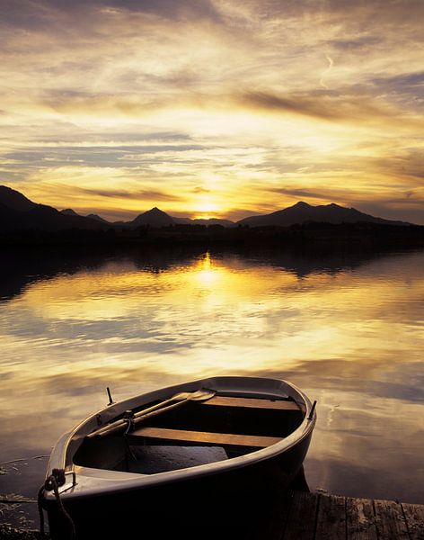 Boat at Hopfensee  Lake at sunset, Allgäu, Bavaria, Germany by Markus Lange