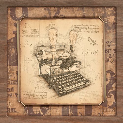 Oude typemachine, scenario. Vintage kunst voor schrijvers & auteurs. Met frame