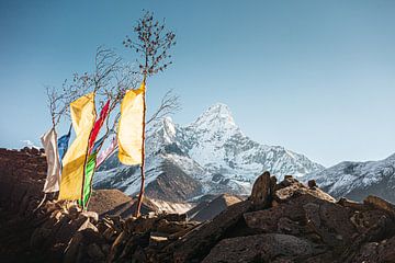 Berg Ama Dablam (6812m) en gebedsvlaggen in de Himalaya van Thea.Photo
