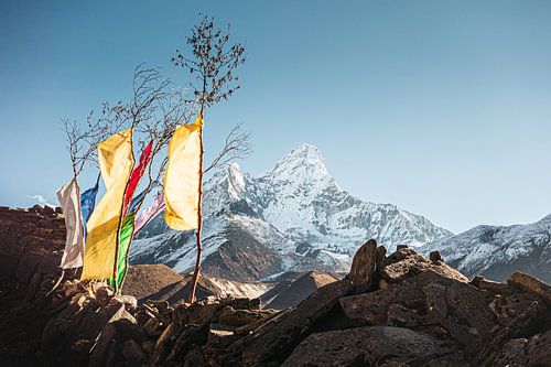 Mount Ama Dablam (6812m) and prayer flags in the Himalayas