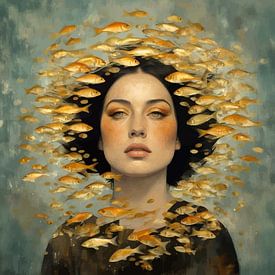 Surreale Frau Porträt Illustration mit symbolischen Fisch von MIROKKU