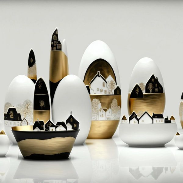 Miniatur Häuser surreal Porzellan weiß schwarz gold Eiform von gm_designs