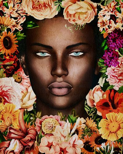 Vrouw van de wereld - Portret van Afrikaanse vrouw omringd met bloemen