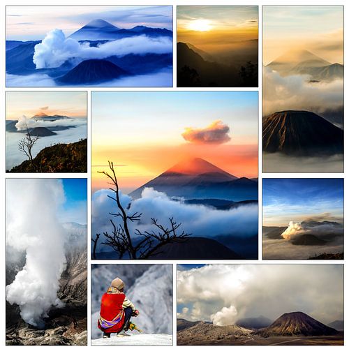 Collage landscape Mount Bromo active volcano on Java Indonesia