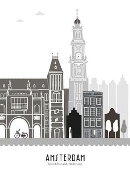 Skyline illustration capital city Amsterdam | Mokum black-white-grey