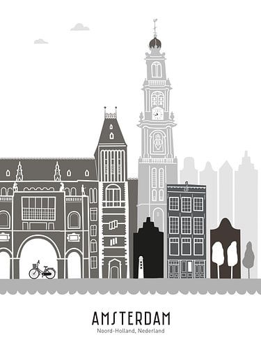 Skyline illustratie hoofdstad Amsterdam | Mokum zwart-wit-grijs