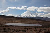 View of volcano in Altiplano in Bolivia. In the foreground a mountain lake.