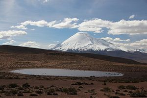 Blick auf den Vulkan im Altiplano in Bolivien. Im Vordergrund ein Bergsee. von A. Hendriks