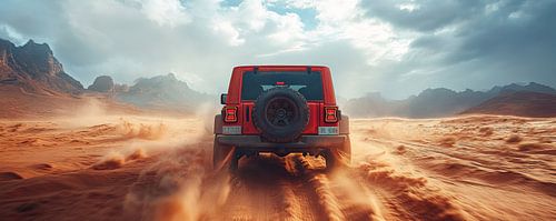 Roter Jeep Wrangler bei Sonnenuntergang in den Dünen